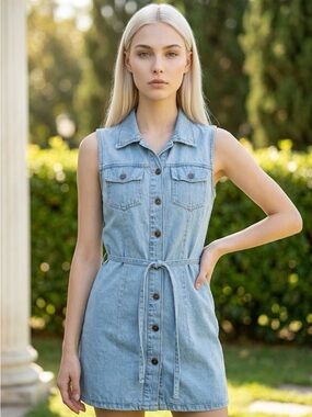 Sincerely Jules Sleeveless Denim Mini Dress Casual Light Wash Collar Size L